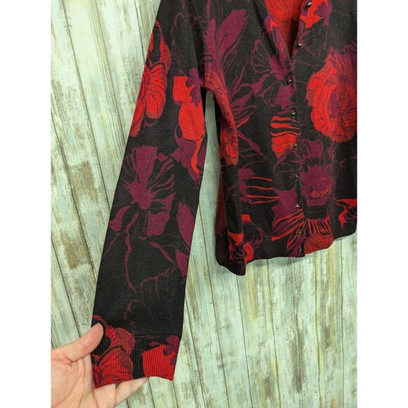 Calvin Klein Womens Cardigan Sweater PM Wool Blend Floral Dark Cottage Red Black - Picture 2 of 8